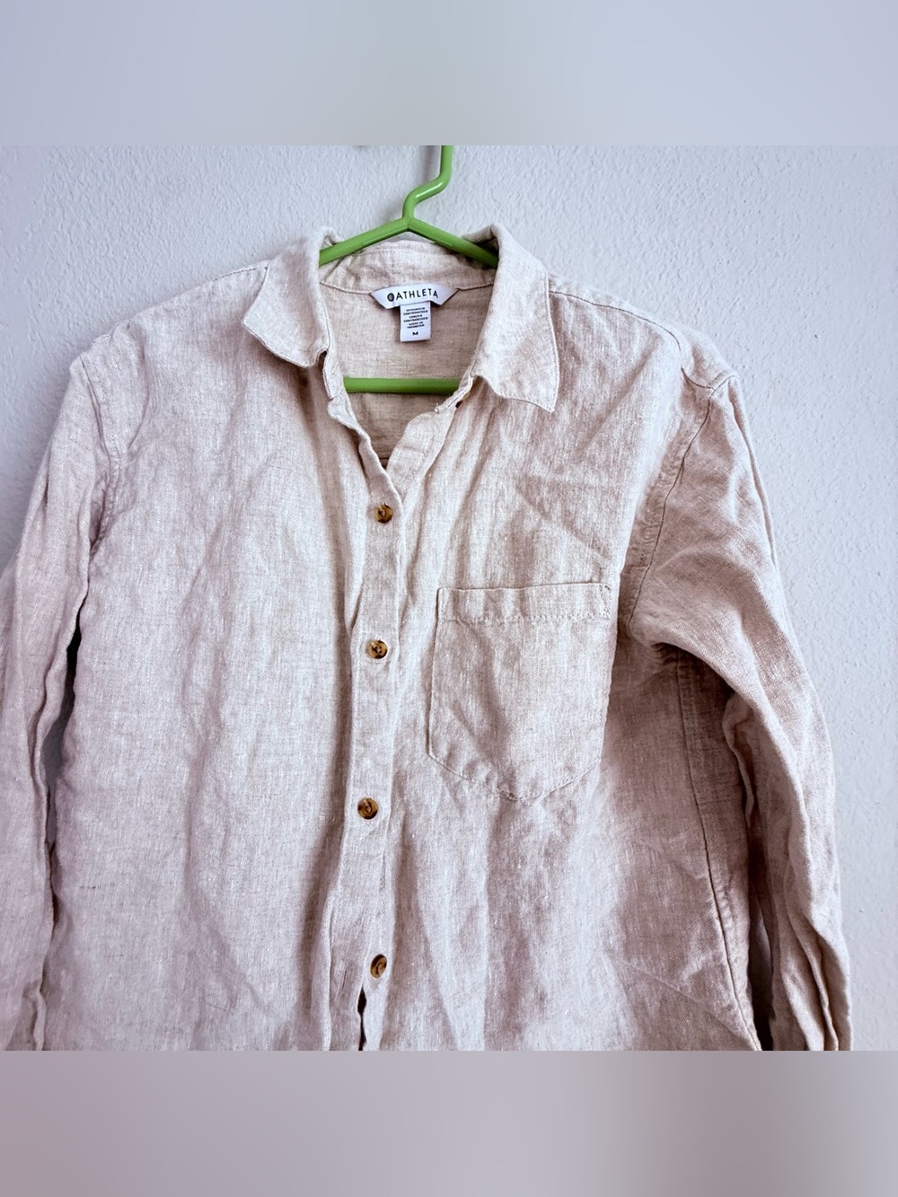 Athleta Linen Shirt Womens M Oatmeal Long Sleeve Button Down Casual Pocket Top - Picture 3 of 6